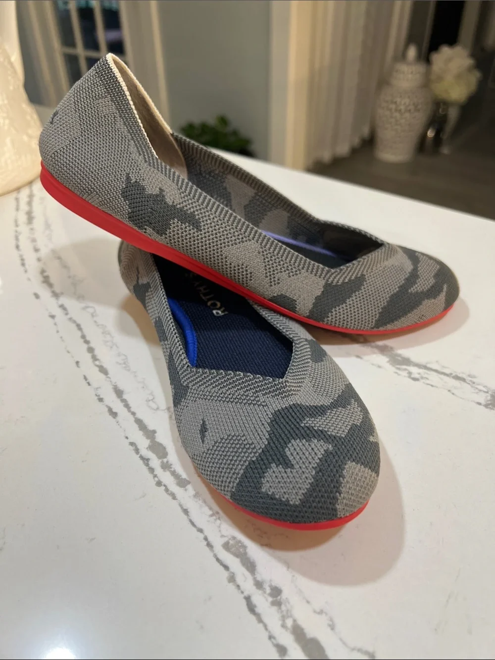 Rothy's Gray Camouflage Slip-On Ballet Flats with Red Sole size 7